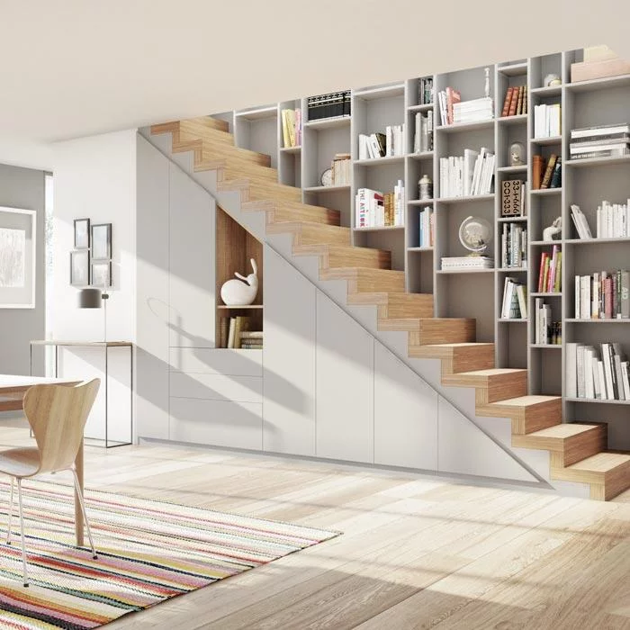 Rangement sous escalier avec bibliothèque et portes