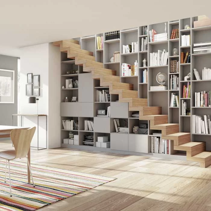 Rangement sous escalier avec bibliothèque et portes